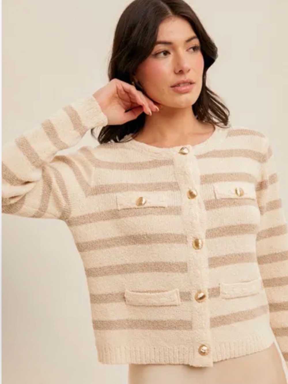 Cream & Beige Striped Cozy Button-Front Sweater Cardigan